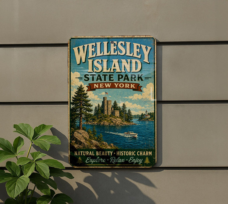 A vintage-style sign for Wellesley Island State Park in New York, featuring a scenic image of the island with a castle and a lake.