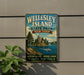 A vintage-style sign for Wellesley Island State Park in New York, featuring a scenic image of the island with a castle and a lake.
