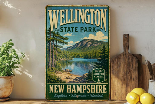 A vintage-style metal sign for Wellington State Park in New Hampshire, featuring a scenic landscape with a lake, mountains, and pine trees.
