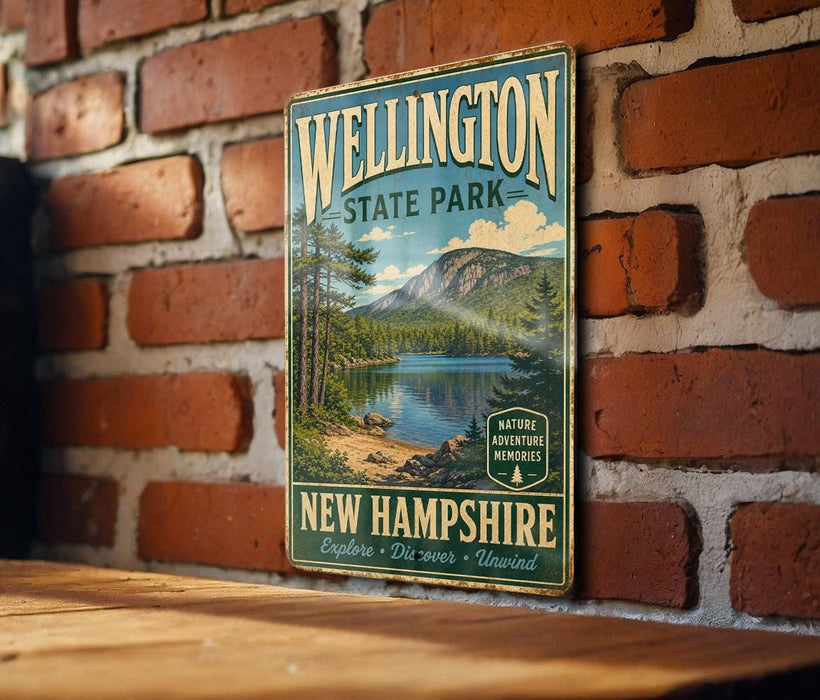 A vintage metal sign for Wellington State Park in New Hampshire, featuring a scenic landscape with a lake and mountains.