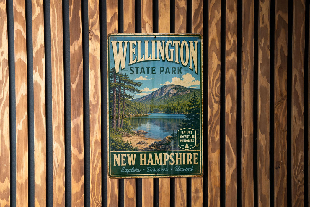 A vintage-style metal sign for Wellington State Park in New Hampshire, featuring a scenic landscape with a lake and mountains.