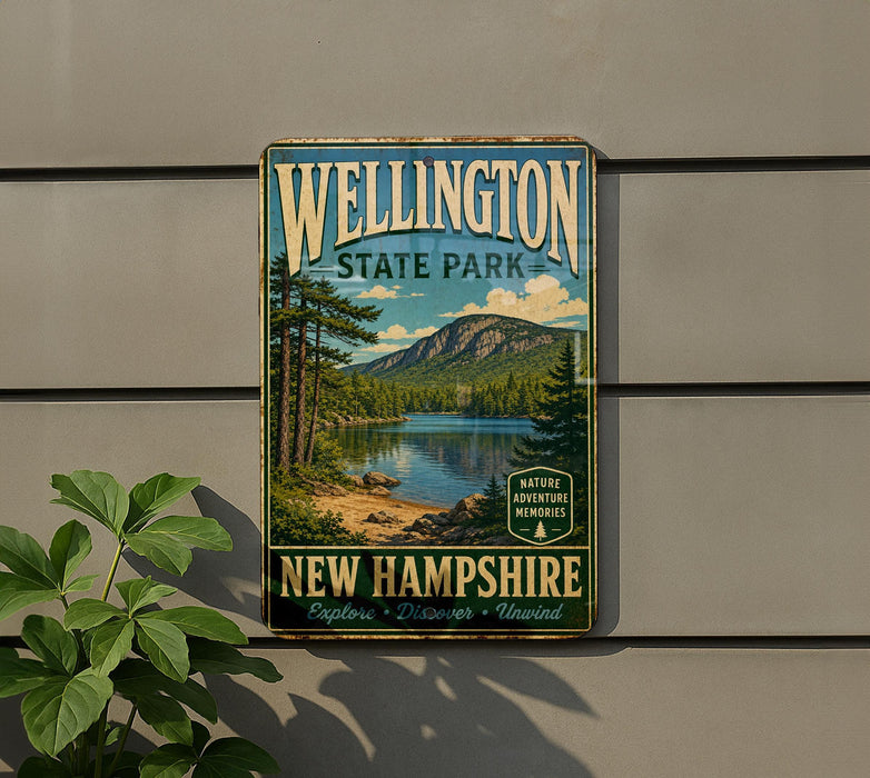 A vintage metal sign for Wellington State Park in New Hampshire, featuring a scenic landscape with pine trees, a lake, and mountains.