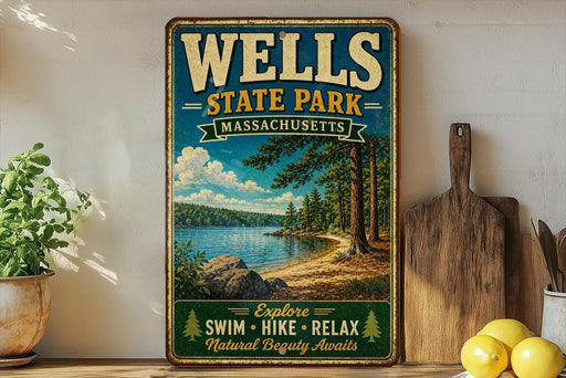 A vintage-style metal sign for Wells State Park in Massachusetts, featuring a scenic landscape with a lake, pine trees, and a beach.