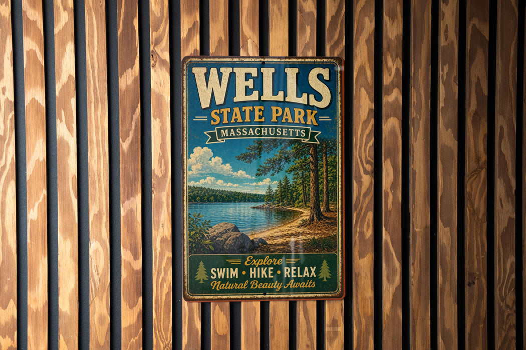 A vintage metal sign for Wells State Park in Massachusetts, featuring a scenic landscape with a lake, mountains, and trees.