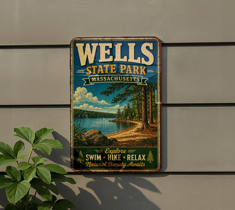 A vintage metal sign for Wells State Park in Massachusetts, featuring a scenic landscape with a lake, trees, and mountains.