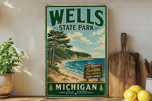 A vintage-style sign for Wells State Park in Michigan, featuring a scenic landscape with pine trees, a beach, and a lake.