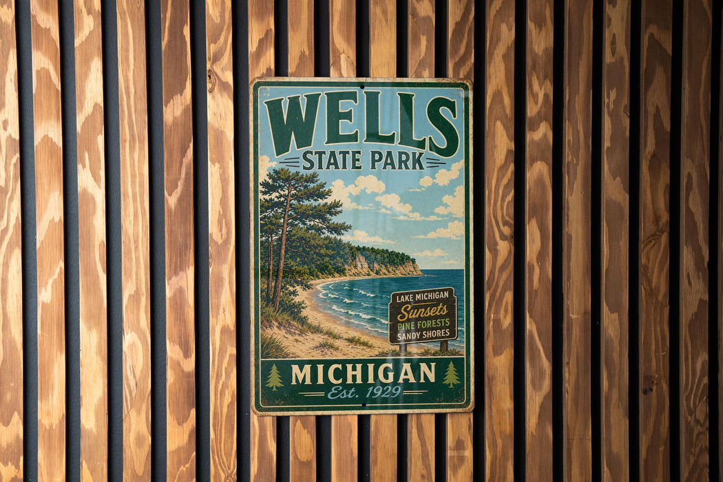 A vintage metal sign for Wells State Park in Michigan, featuring a scenic landscape with a lake, mountains, and a beach.