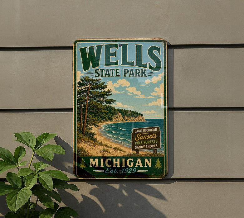A vintage-style metal sign for Wells State Park in Michigan, featuring a scenic landscape with pine trees, a beach, and a lake.