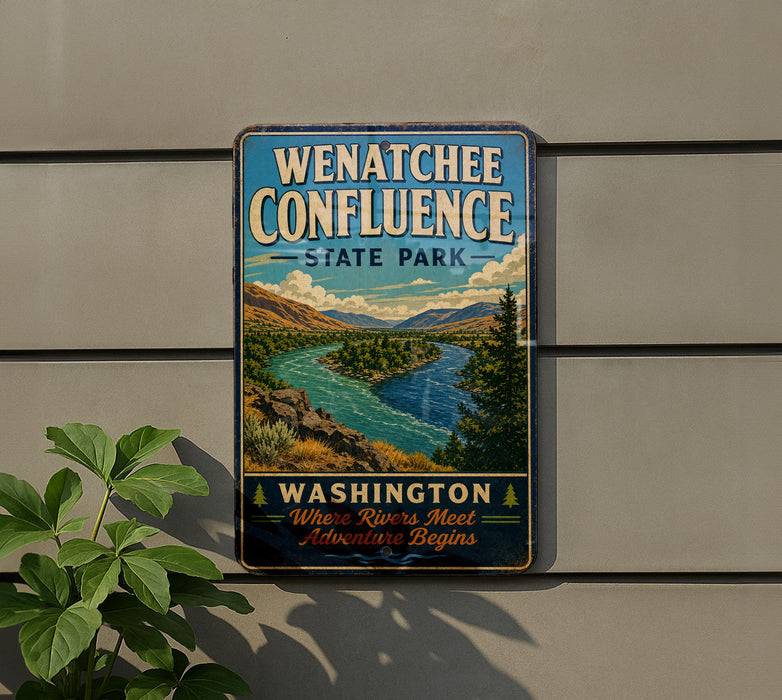 A vintage-style metal sign for Wenatchee Confluence State Park, featuring a scenic landscape with a river and mountains.
