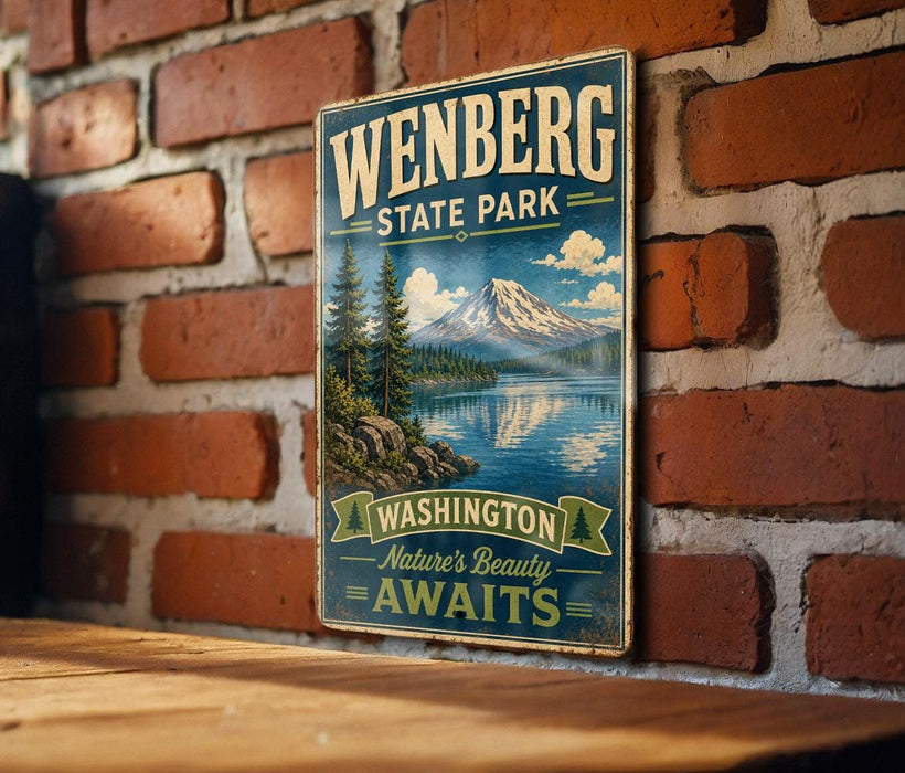 A vintage-style metal sign for Wenberg State Park, featuring a scenic mountain landscape with a lake and pine trees.