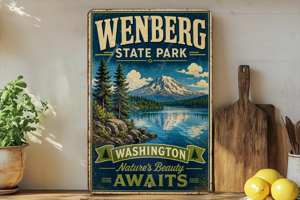 A vintage-style sign for Wenberg State Park, featuring a scenic mountain landscape with pine trees and a lake, along with the text "Wenberg State Park Washington Nature's Beauty Awaits".