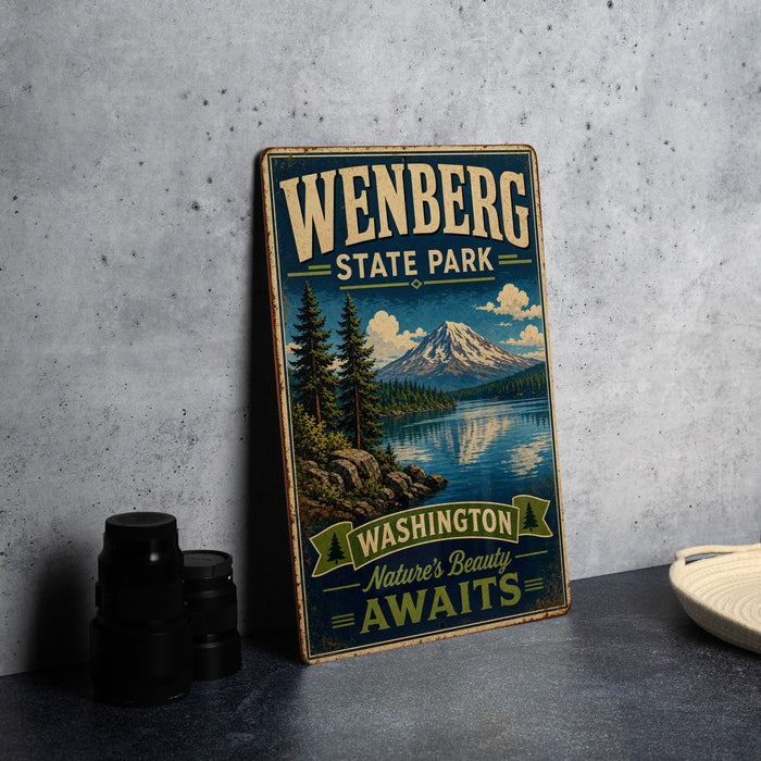 A vintage-style metal sign for Wenberg State Park, featuring a scenic landscape with a mountain, lake, and pine trees.