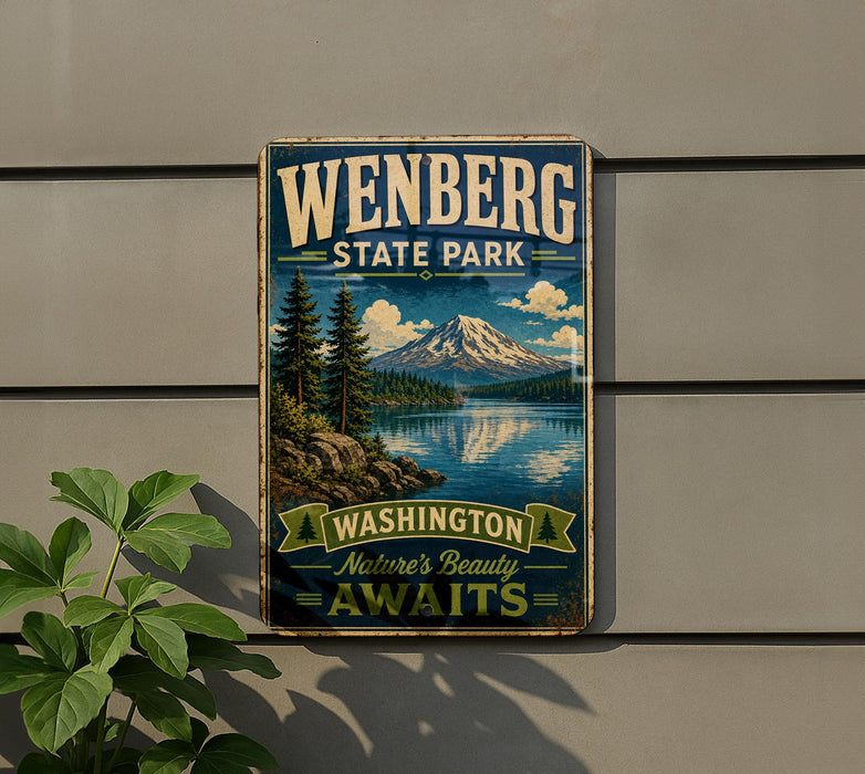 A vintage-style sign for Wenberg State Park, featuring a scenic mountain landscape with pine trees and a lake.