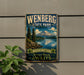 A vintage-style sign for Wenberg State Park, featuring a scenic mountain landscape with pine trees and a lake.