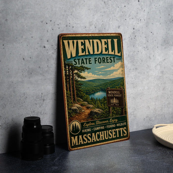 A vintage metal sign for Wendell State Forest in Massachusetts, featuring a scenic landscape with pine trees, a lake, and mountains.