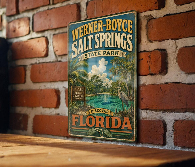 A vintage-style metal sign for Werner-Boyce Salt Springs State Park in Florida, featuring a tropical landscape with palm trees and a bird.