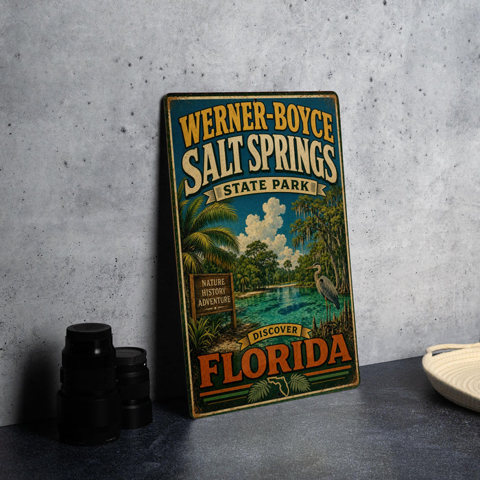 A vintage-style metal sign for Werner-Boyce Salt Springs State Park in Florida, featuring a tropical landscape with palm trees and a body of water.