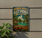 A vintage-style metal sign for Werner-Boyce Salt Springs State Park in Florida, featuring a tropical landscape with palm trees and a body of water.