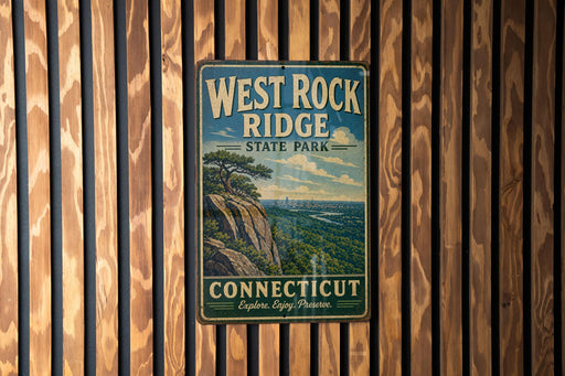 A vintage metal sign for West Rock Ridge State Park in Connecticut, featuring a scenic landscape with a cliff and trees.
