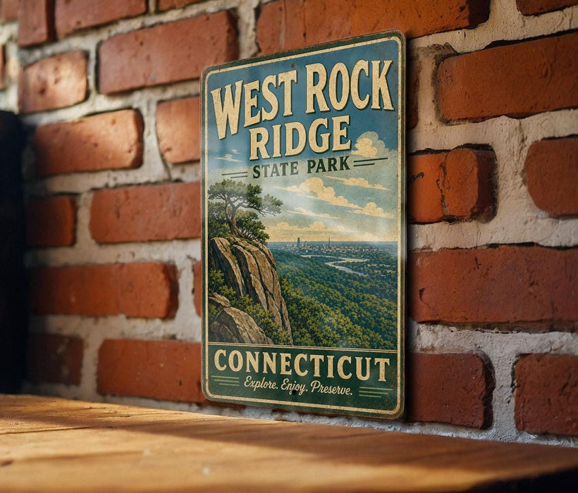 A vintage-style sign for West Rock Ridge State Park in Connecticut, featuring a scenic landscape with a mountain and a river.