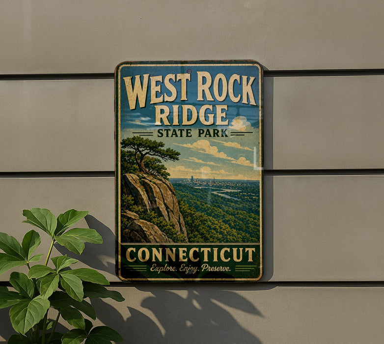 A vintage-style sign for West Rock Ridge State Park in Connecticut, featuring a scenic landscape with a mountain and a river.