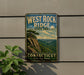 A vintage-style sign for West Rock Ridge State Park in Connecticut, featuring a scenic landscape with a mountain and a river.