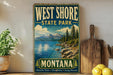 A vintage-style sign for West Shore State Park in Montana, featuring a scenic landscape with mountains, water, and pine trees.
