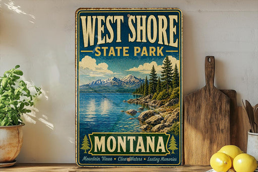 A vintage-style sign for West Shore State Park in Montana, featuring a scenic landscape with mountains, water, and pine trees.