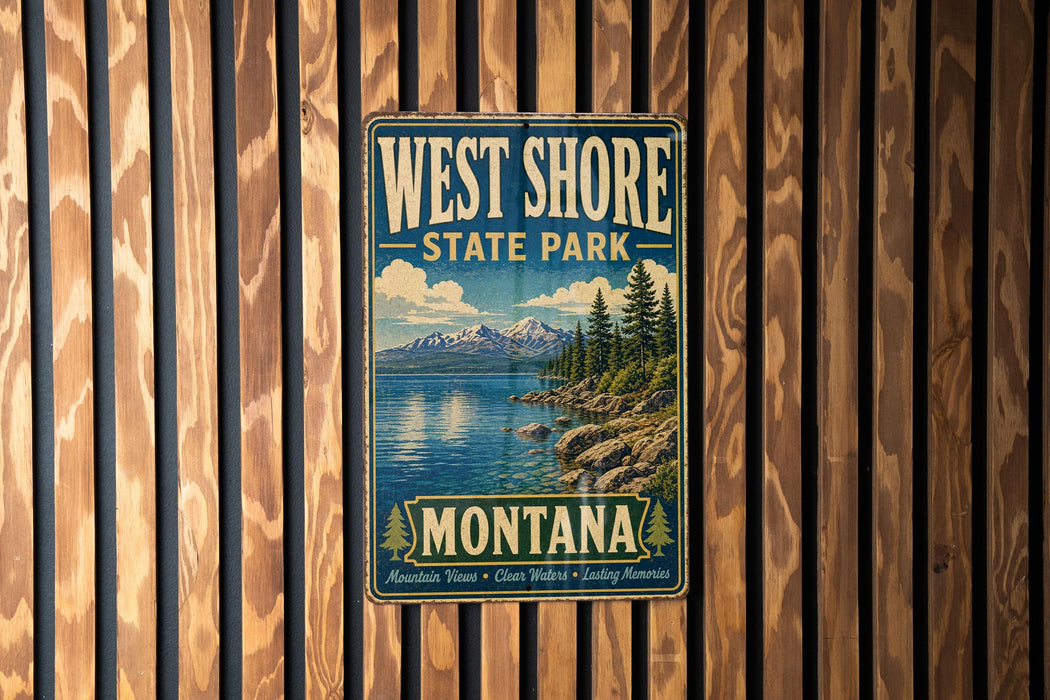 A vintage metal sign for West Shore State Park in Montana, featuring a scenic landscape with mountains, water, and pine trees.
