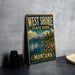 A vintage-style metal sign for West Shore State Park in Montana, featuring a scenic landscape with mountains, a lake, and pine trees.