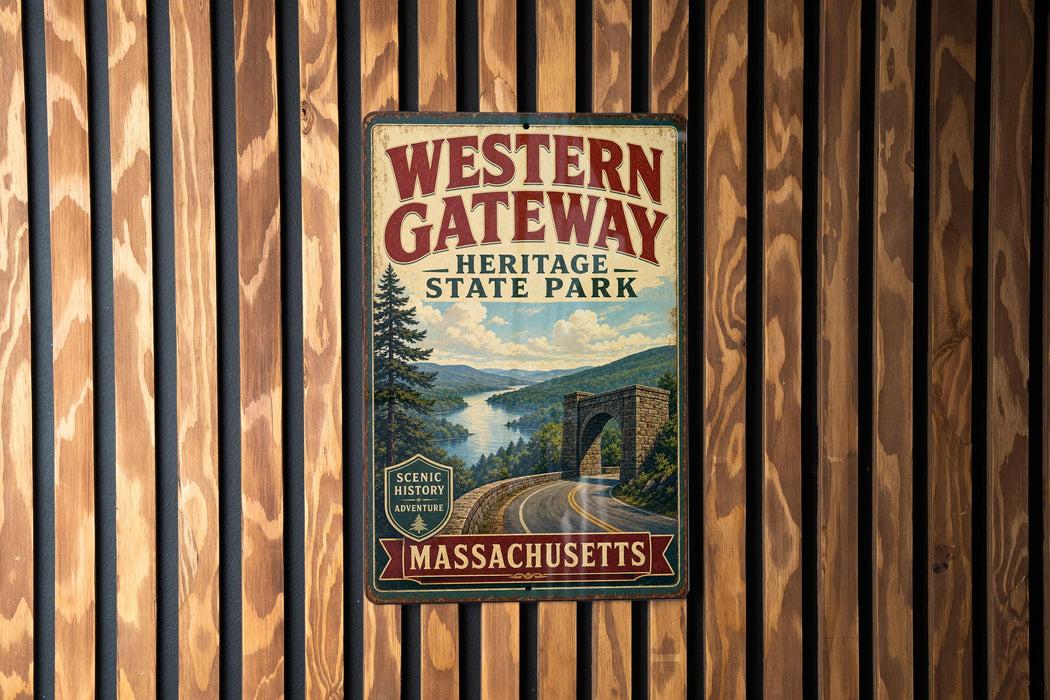 A vintage metal sign for Western Gateway Heritage State Park in Massachusetts, featuring a scenic landscape with a river and bridge.