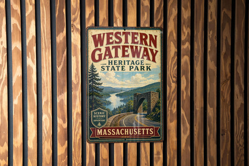 A vintage metal sign for Western Gateway Heritage State Park in Massachusetts, featuring a scenic landscape with a river and bridge.