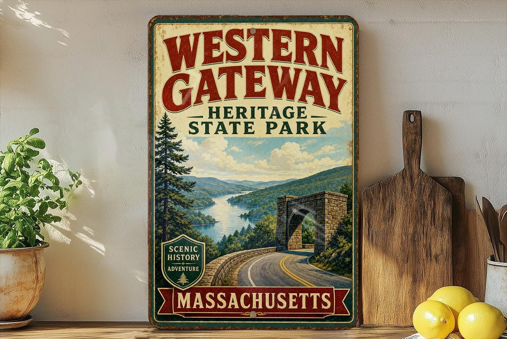 A vintage-style sign for Western Gateway Heritage State Park in Massachusetts, featuring a scenic image of a winding road surrounded by mountains and forests.