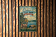 A vintage-style metal sign for Westmoreland State Park in Virginia, featuring a scenic landscape with a lake and mountains.