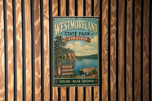 A vintage-style metal sign for Westmoreland State Park in Virginia, featuring a scenic landscape with a lake and mountains.