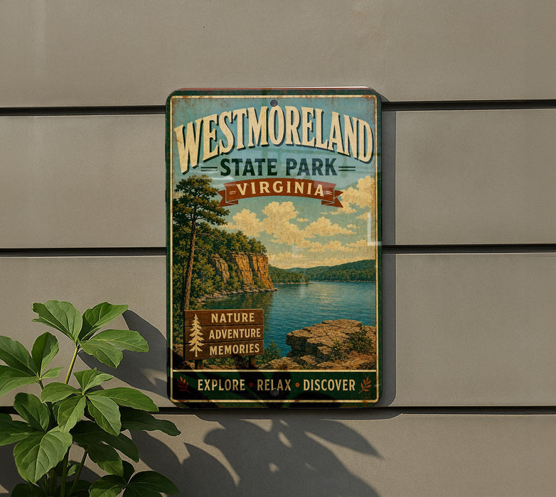 A vintage-style sign for Westmoreland State Park in Virginia, featuring a scenic landscape with a lake and mountains.