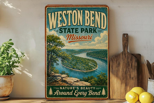 A vintage-style poster of the Mississippi River at the end of the bend in Missouri, with the text "WESTON BEND STATE PARK - MISSOURI" prominently displayed.