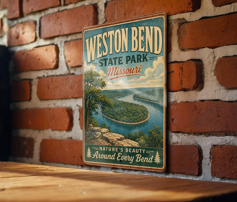 A vintage-style metal sign for "WEST BEND, MISSOURI" hangs on a brick wall, depicting a scenic landscape with a river and lush greenery.
