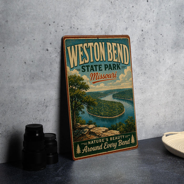 A vintage-style metal sign for "Wilton Bend State Park, Missouri" featuring a scenic landscape with a river and trees.
