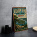A vintage-style metal sign for "Wilton Bend State Park, Missouri" featuring a scenic landscape with a river and trees.