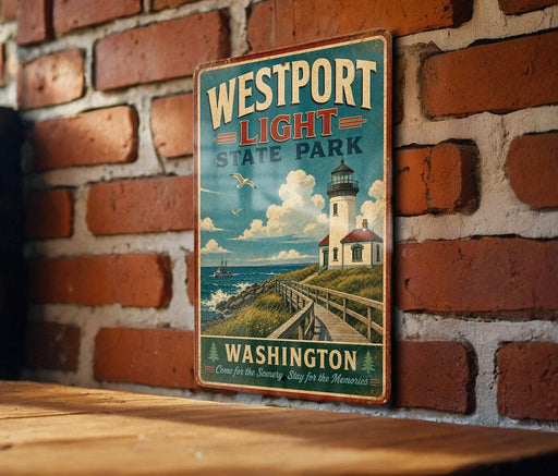 A vintage-style metal sign for Westport Light State Park in Washington, featuring a lighthouse and a wooden walkway, mounted on a brick wall.