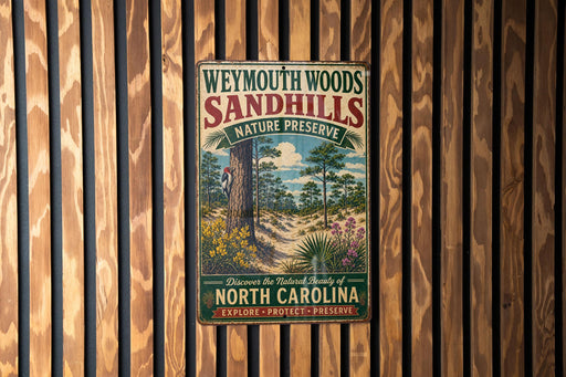 A vintage metal sign for Weymouth Woods Sandhills Nature Preserve, featuring a scenic landscape with a pine tree, flowers, and a dirt path.