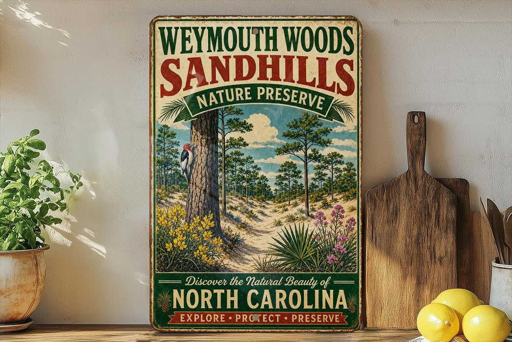 A vintage-style metal sign advertising Weymouth Woods and Sandhills, featuring a scenic illustration of a forest and a bird perched on a tree.