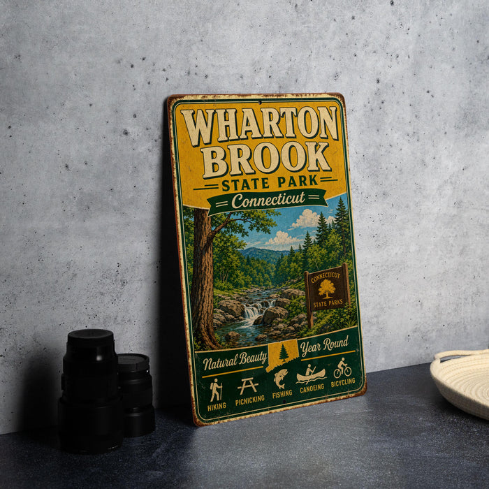 A vintage-style metal sign for Wharton Brook State Park in Connecticut, featuring a scenic illustration of the park and its surrounding natural beauty.