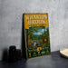 A vintage-style metal sign for Wharton Brook State Park in Connecticut, featuring a scenic illustration of the park and its surrounding natural beauty.