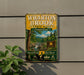 A vintage-style metal sign for Wharton Brook State Park in Connecticut, featuring a scenic illustration of the park and its surrounding natural beauty.