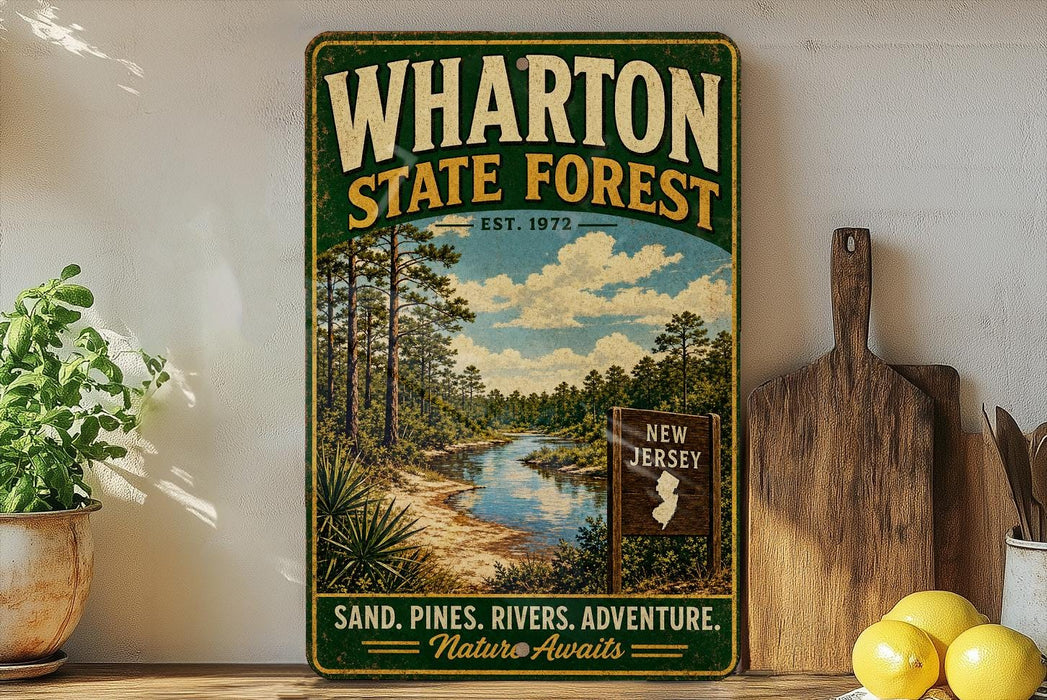 A vintage-style metal sign for Wharton State Forest, featuring a scenic landscape with a river, pine trees, and a sign indicating the location as New Jersey.