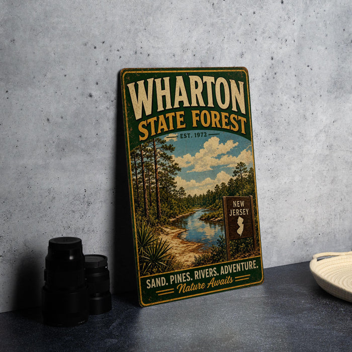 A vintage-style metal sign for Wharton State Forest, featuring a scenic illustration of a forest and a river, is displayed on a gray countertop next to some black camera lenses.