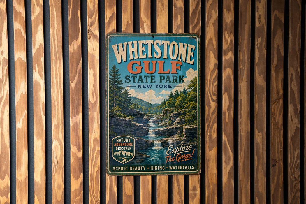 A vintage-style metal sign for Whetstone Gulf State Park in New York, featuring a scenic image of a waterfall and forest.