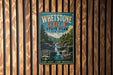 A vintage-style metal sign for Whetstone Gulf State Park in New York, featuring a scenic image of a waterfall and forest.